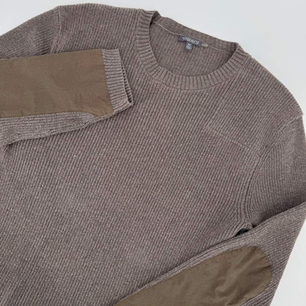 Toad&Co Mens Organic Cotton Shaker Knit Sweater‎ Brown Elbow Patches Size M